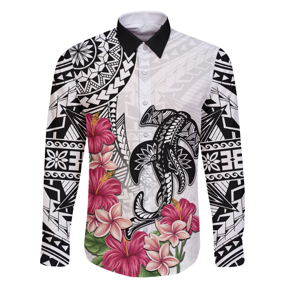 White Polynesian Hammerhead Shark Tribal Pattern Family Matching Off Shoulder Short Dress and Hawaiian Shirt LT05 Dad's Shirt - Long Sleeve White - Polynesian Pride