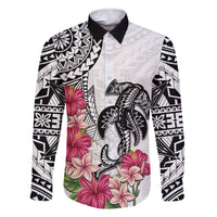 White Polynesian Hammerhead Shark Tribal Pattern Family Matching Off Shoulder Short Dress and Hawaiian Shirt LT05 Dad's Shirt - Long Sleeve White - Polynesian Pride