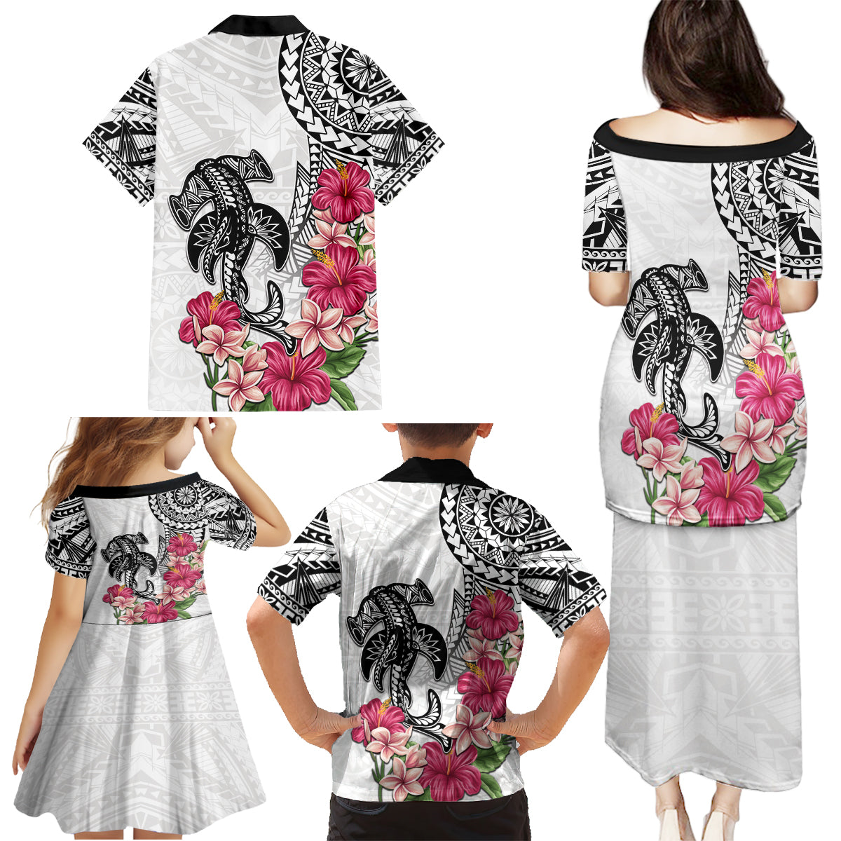 White Polynesian Hammerhead Shark Tribal Pattern Family Matching Puletasi and Hawaiian Shirt LT05 - Polynesian Pride