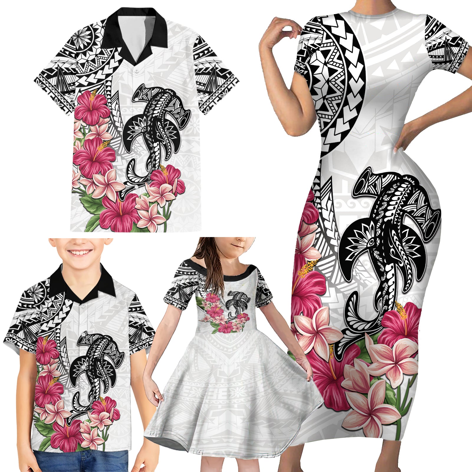 White Polynesian Hammerhead Shark Tribal Pattern Family Matching Short Sleeve Bodycon Dress and Hawaiian Shirt