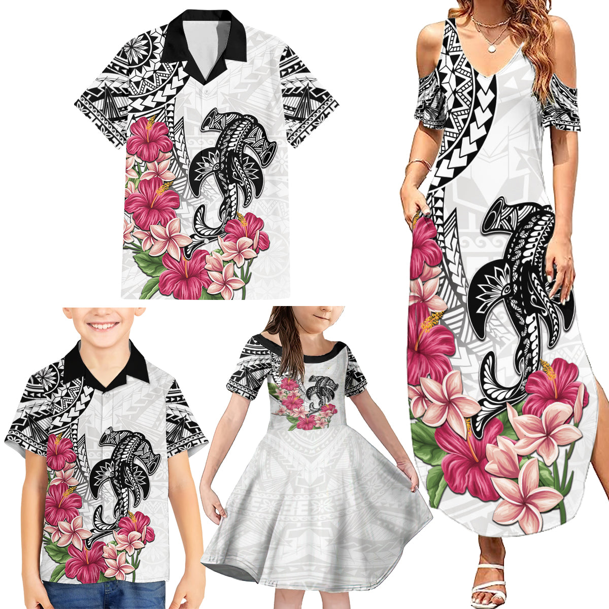 White Polynesian Hammerhead Shark Tribal Pattern Family Matching Summer Maxi Dress and Hawaiian Shirt