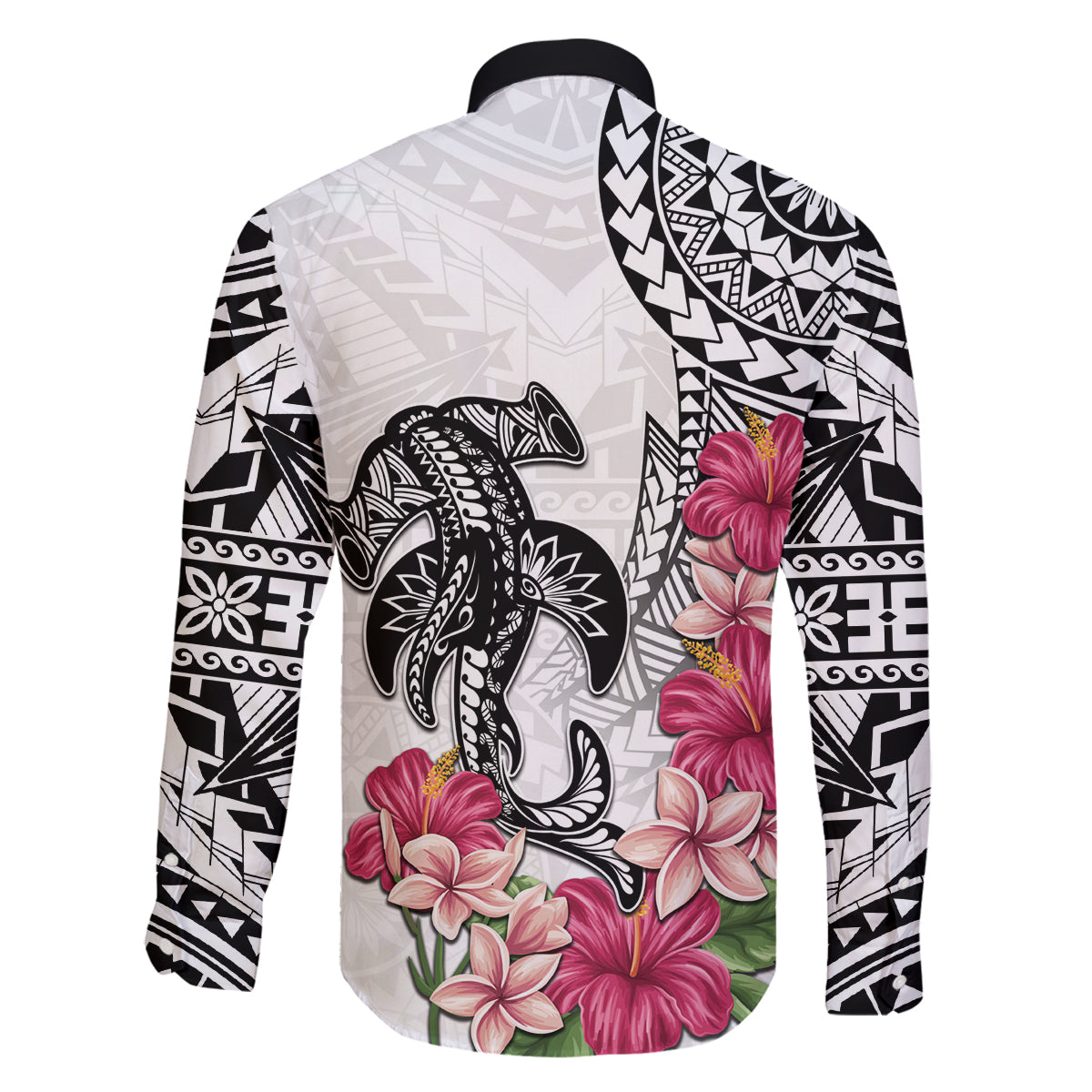 White Polynesian Hammerhead Shark Tribal Pattern Family Matching Tank Maxi Dress and Hawaiian Shirt