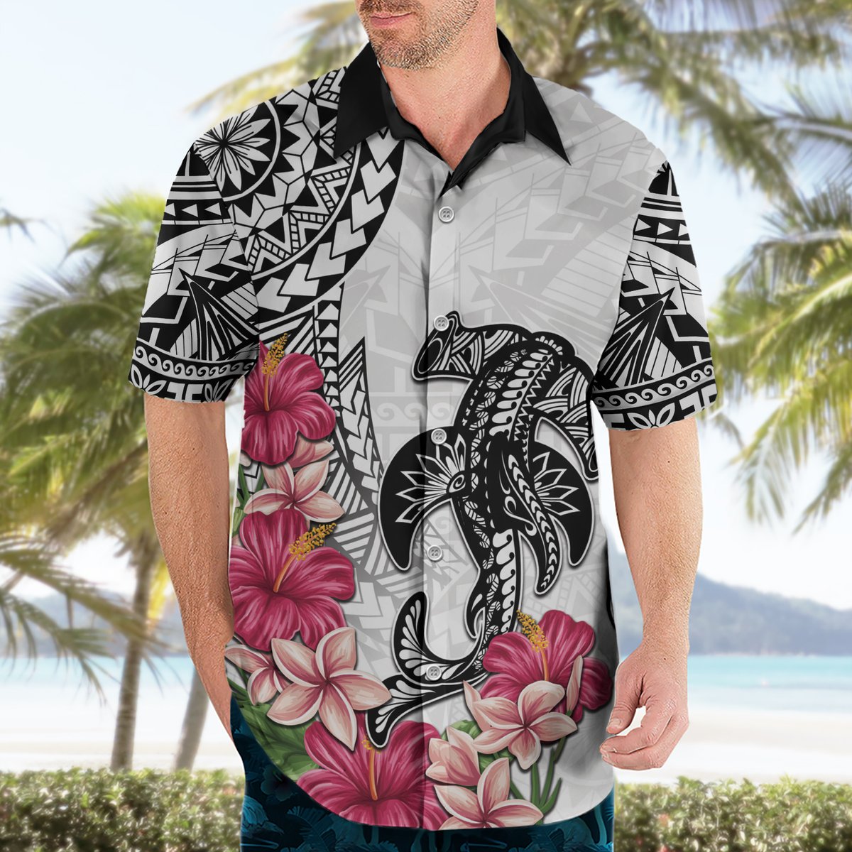 White Polynesian Hammerhead Shark Tribal Pattern Hawaiian Shirt LT05 - Polynesian Pride