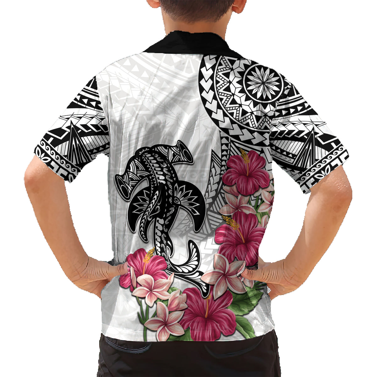 White Polynesian Hammerhead Shark Tribal Pattern Kid Hawaiian Shirt