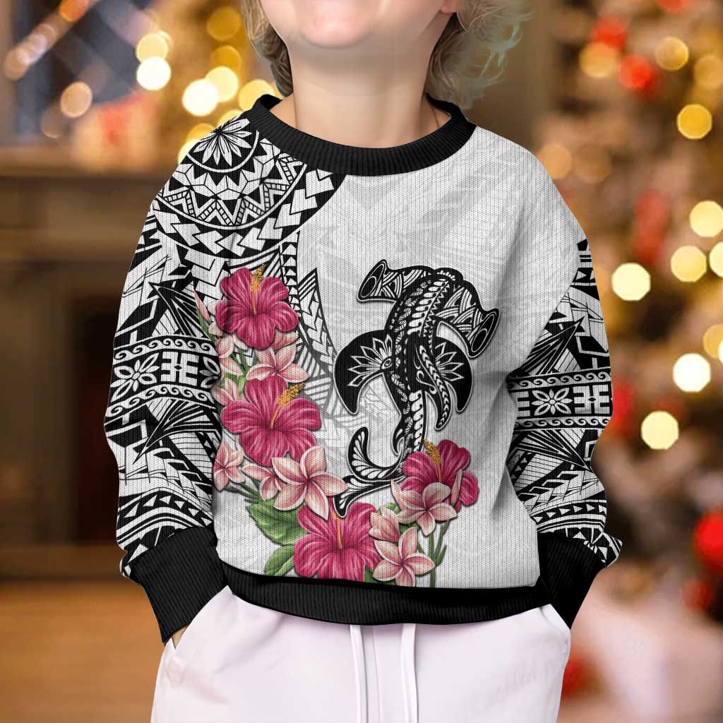 White Polynesian Hammerhead Shark Tribal Pattern Kid Ugly Christmas Sweater
