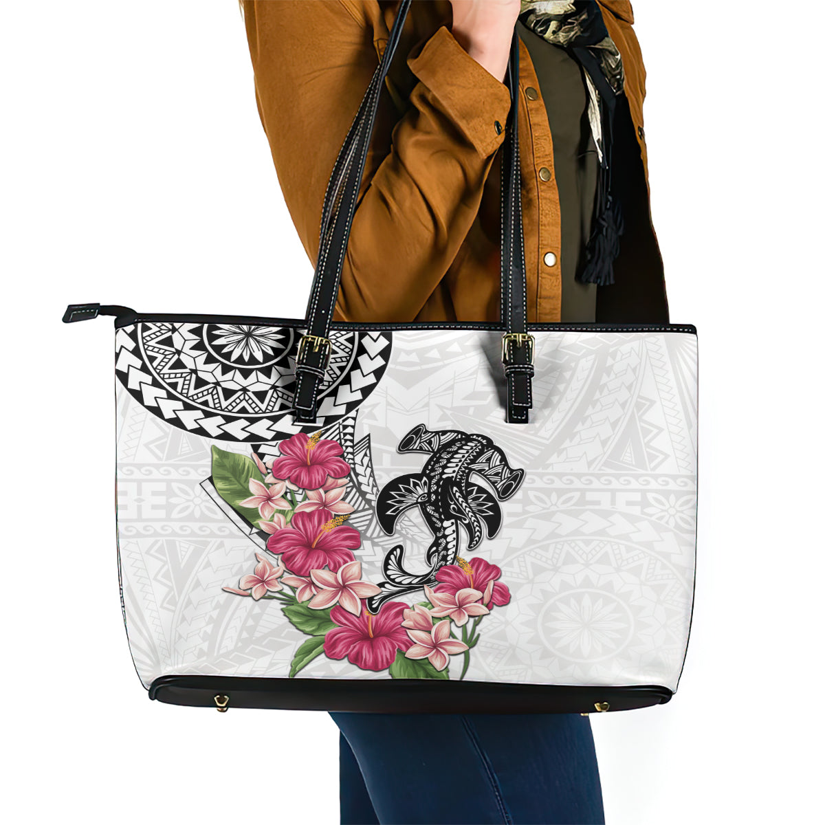 White Polynesian Hammerhead Shark Tribal Pattern Leather Tote Bag LT05 - Polynesian Pride