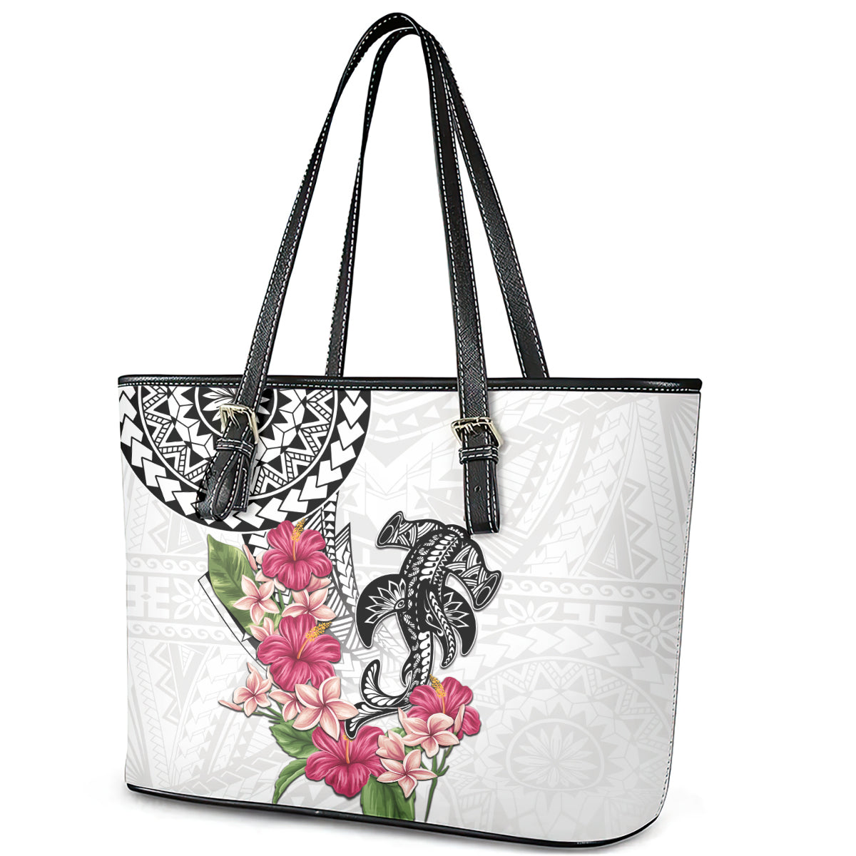 White Polynesian Hammerhead Shark Tribal Pattern Leather Tote Bag LT05 - Polynesian Pride
