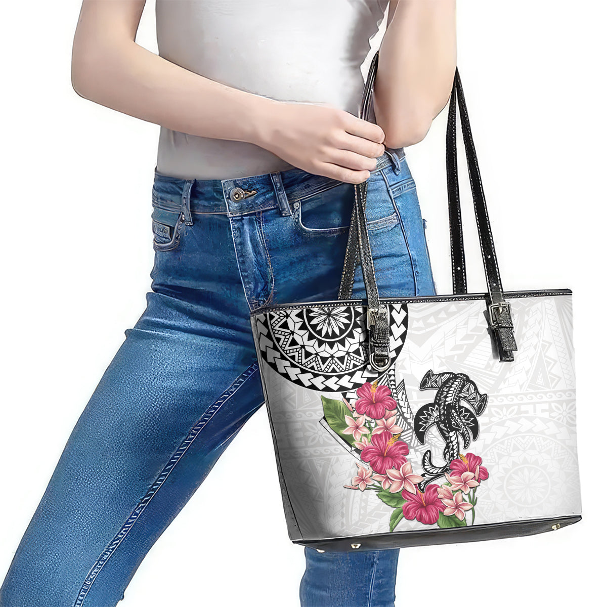 White Polynesian Hammerhead Shark Tribal Pattern Leather Tote Bag LT05 - Polynesian Pride