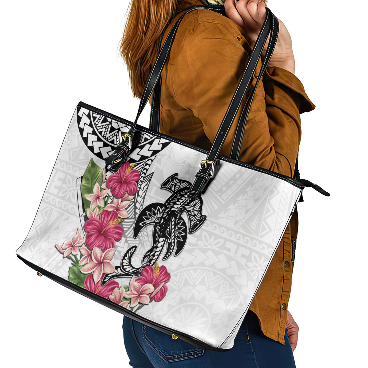 White Polynesian Hammerhead Shark Tribal Pattern Leather Tote Bag LT05 - Polynesian Pride