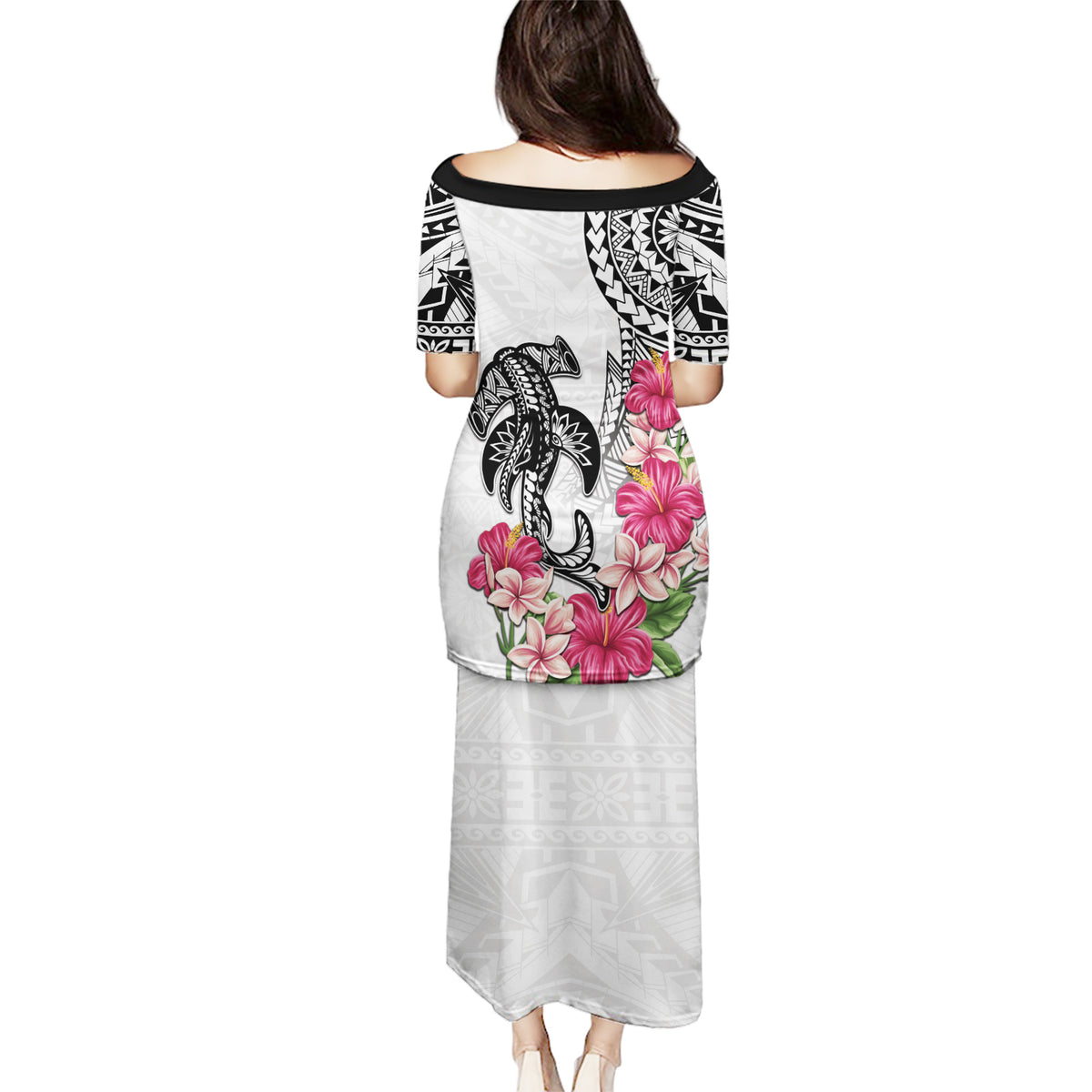 White Polynesian Hammerhead Shark Tribal Pattern Puletasi LT05 - Polynesian Pride