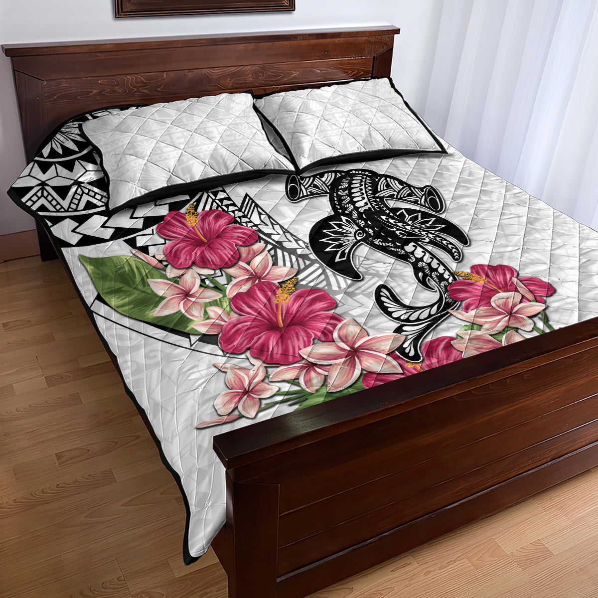 White Polynesian Hammerhead Shark Tribal Pattern Quilt Bed Set LT05 - Polynesian Pride