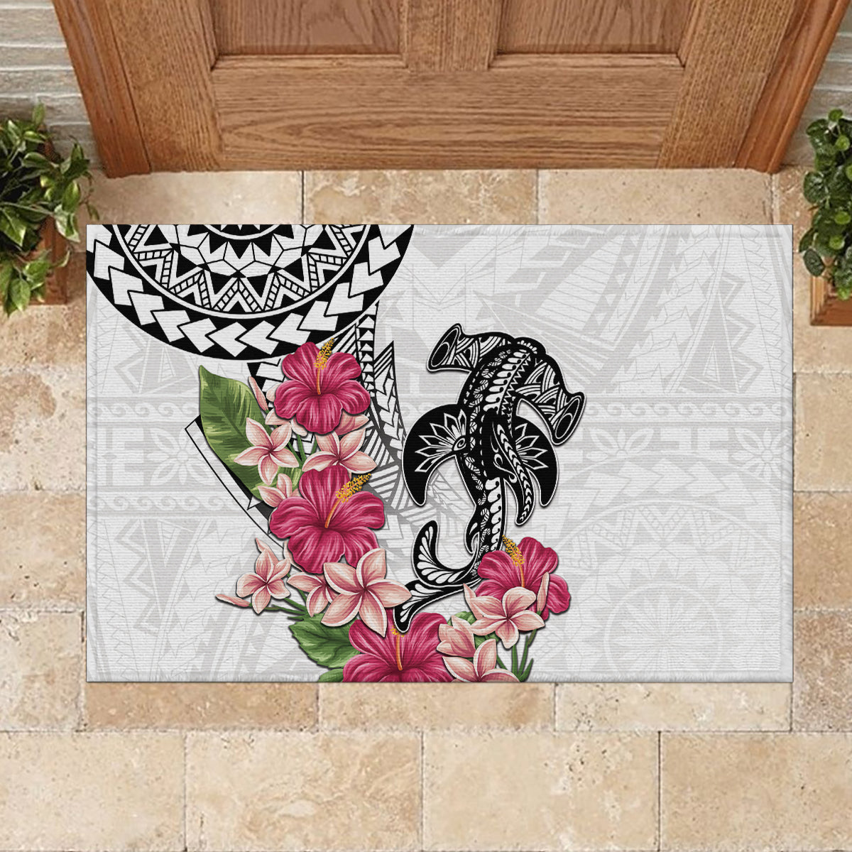 White Polynesian Hammerhead Shark Tribal Pattern Rubber Doormat LT05 - Polynesian Pride