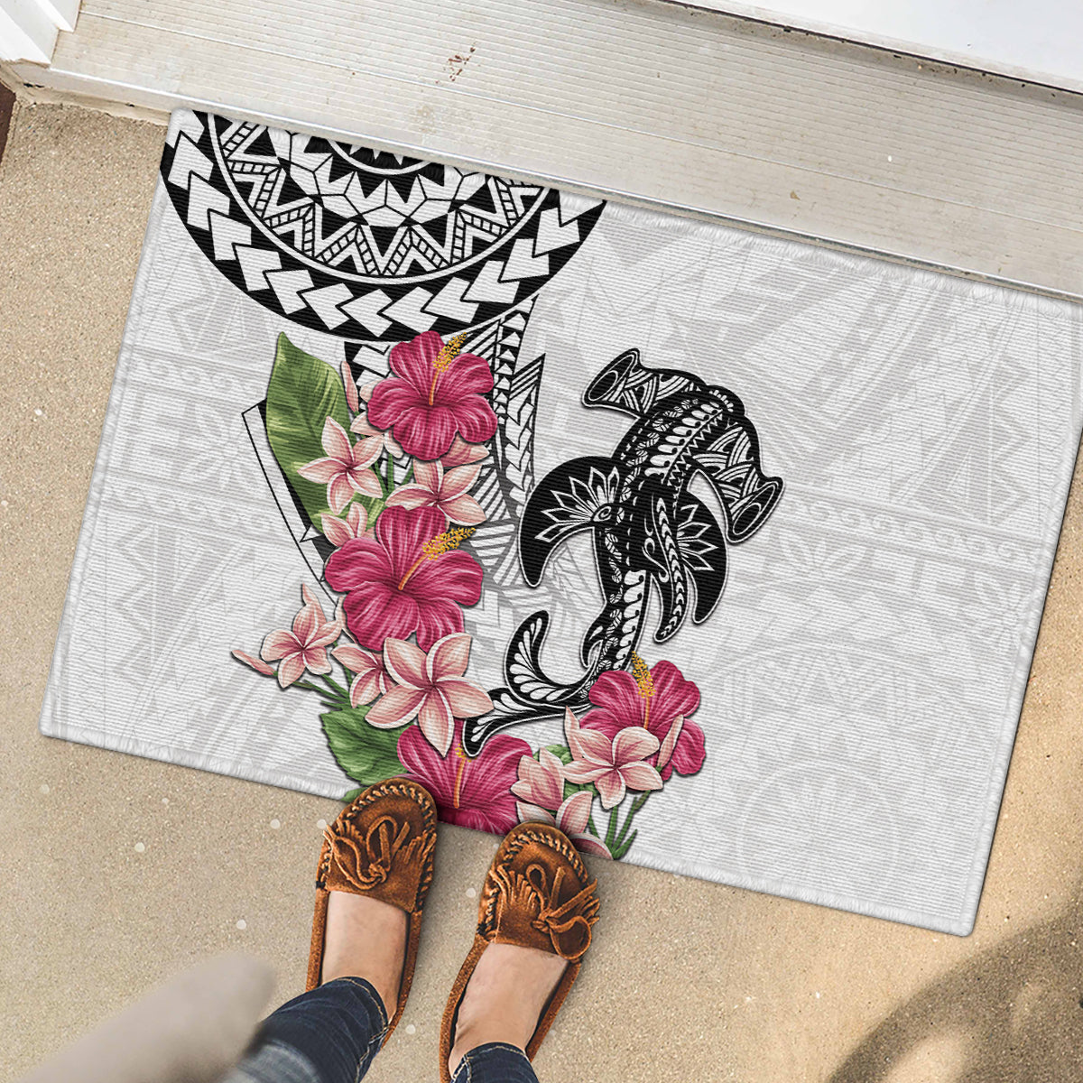 White Polynesian Hammerhead Shark Tribal Pattern Rubber Doormat LT05 - Polynesian Pride
