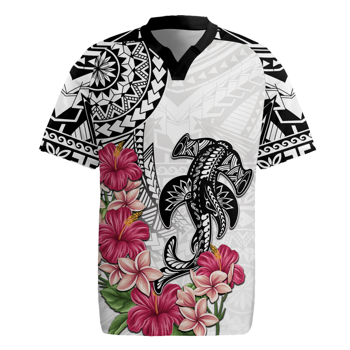 White Polynesian Hammerhead Shark Tribal Pattern Rugby Jersey LT05 White - Polynesian Pride