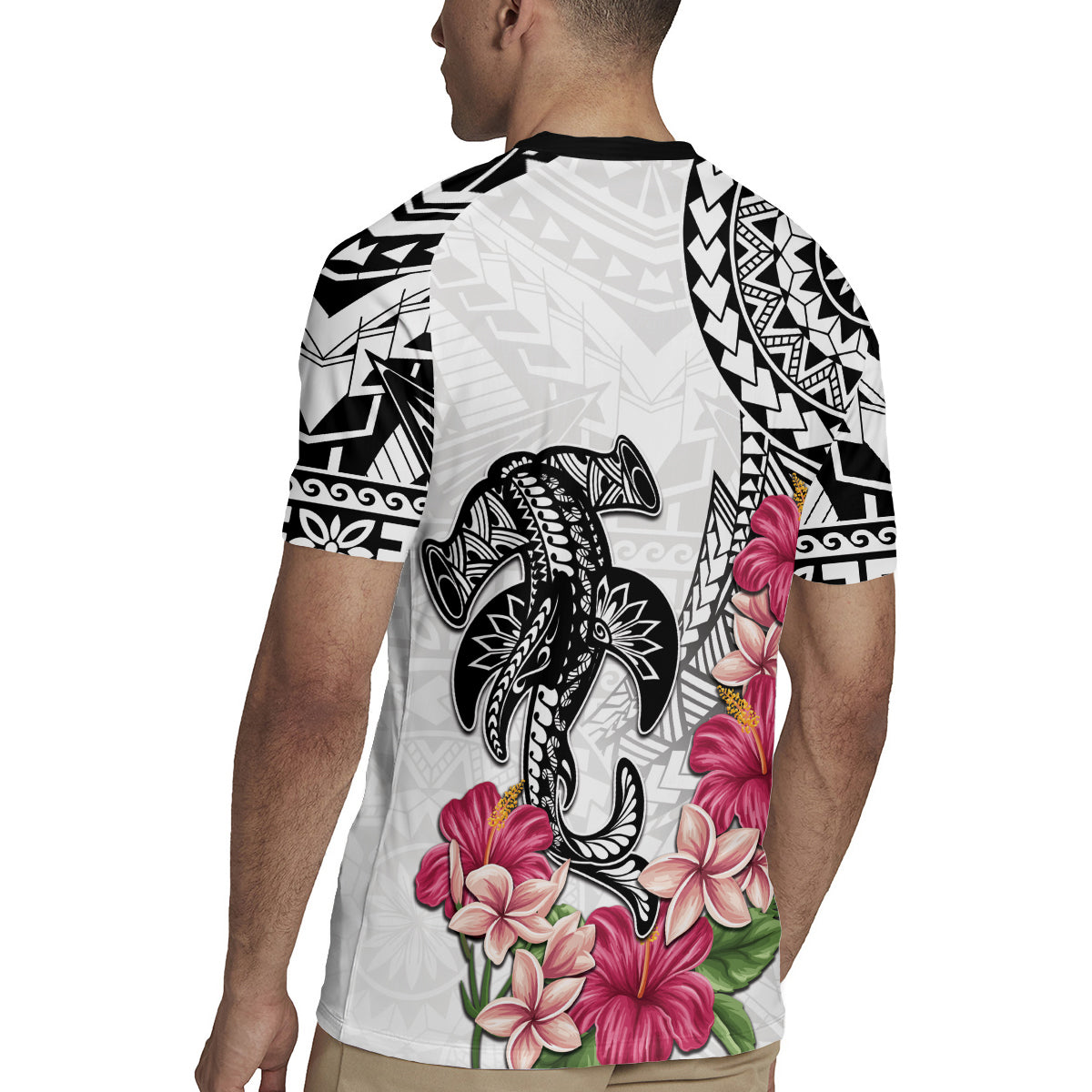 White Polynesian Hammerhead Shark Tribal Pattern Rugby Jersey LT05 - Polynesian Pride