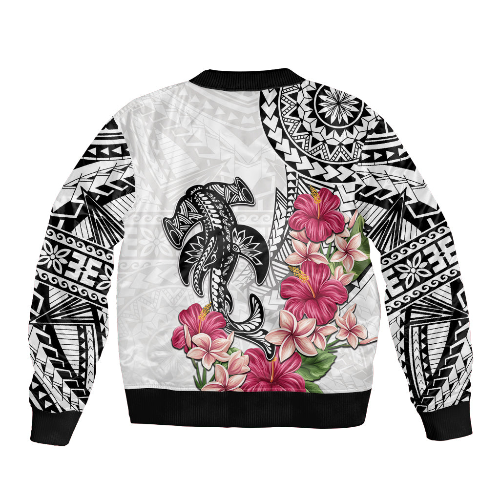 White Polynesian Hammerhead Shark Tribal Pattern Sleeve Zip Bomber Jacket LT05 - Polynesian Pride