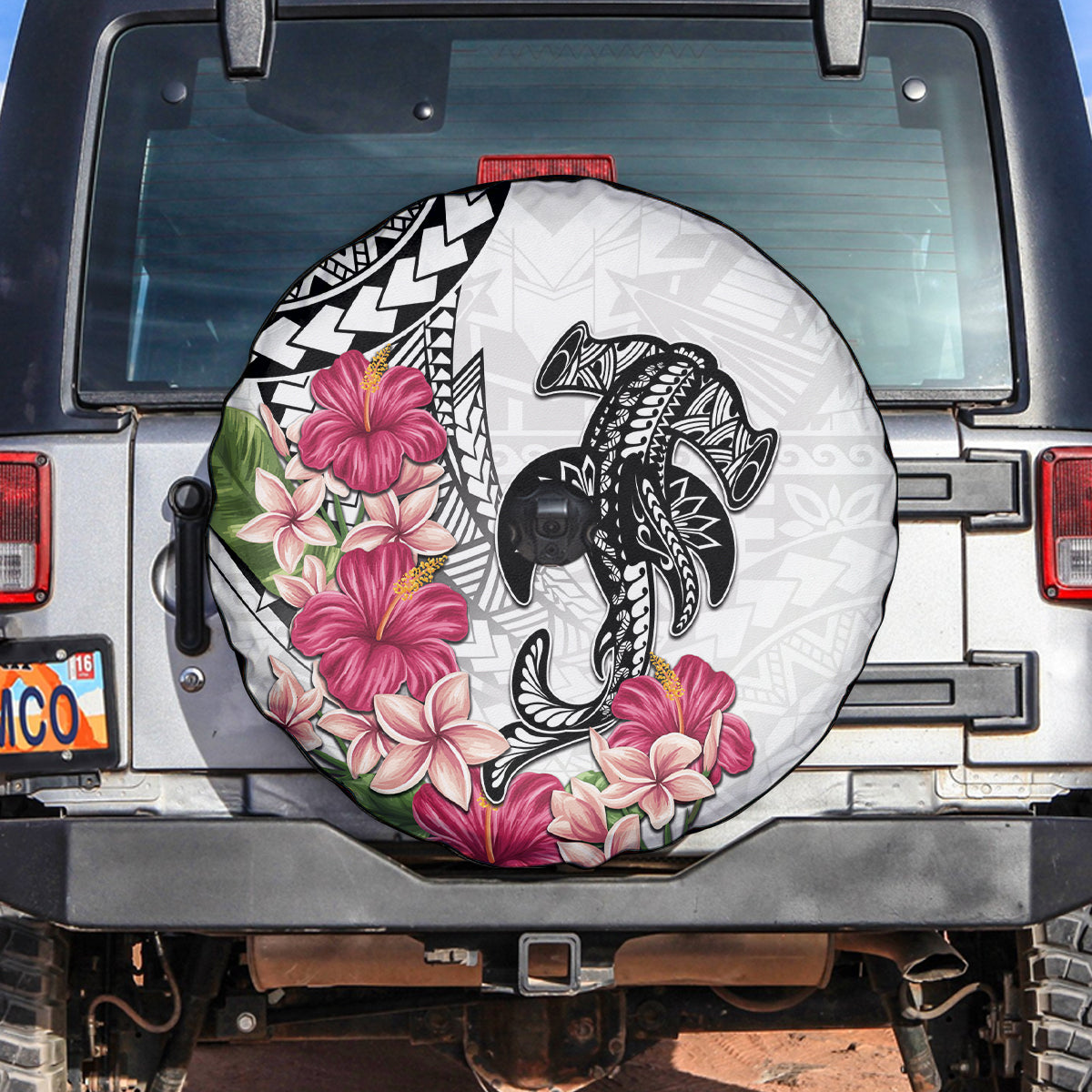 White Polynesian Hammerhead Shark Tribal Pattern Spare Tire Cover LT05 White - Polynesian Pride