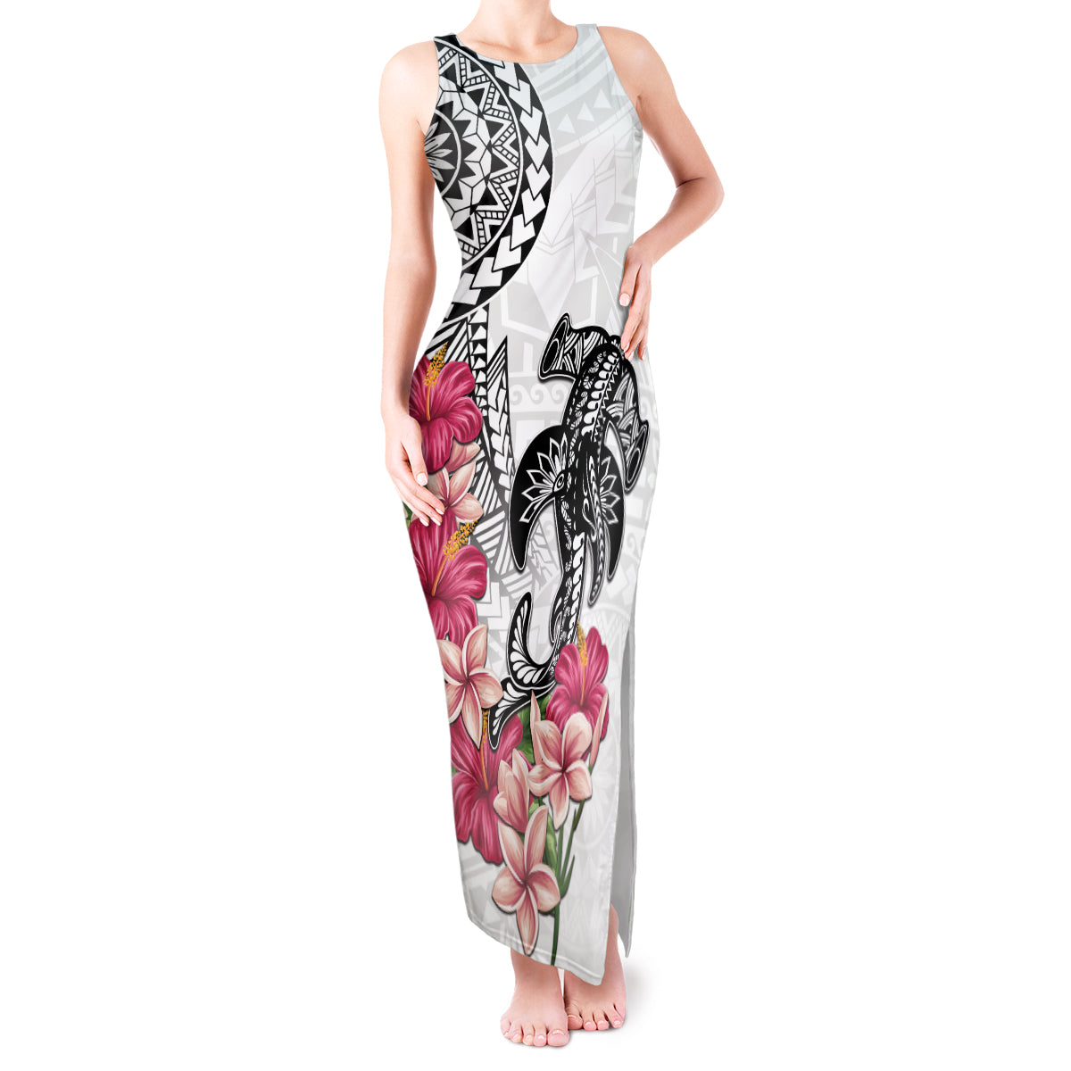 White Polynesian Hammerhead Shark Tribal Pattern Tank Maxi Dress