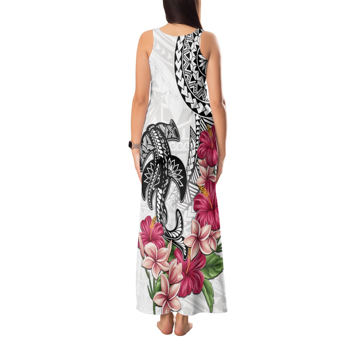 White Polynesian Hammerhead Shark Tribal Pattern Tank Maxi Dress LT05 - Polynesian Pride