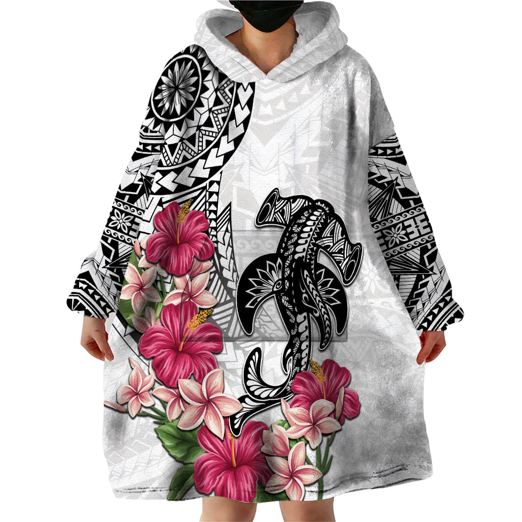 White Polynesian Hammerhead Shark Tribal Pattern Wearable Blanket Hoodie LT05 - Polynesian Pride