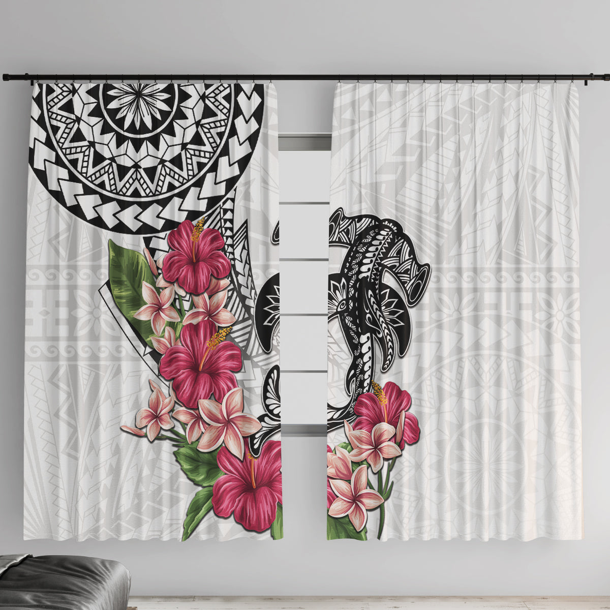 White Polynesian Hammerhead Shark Tribal Pattern Window Curtain