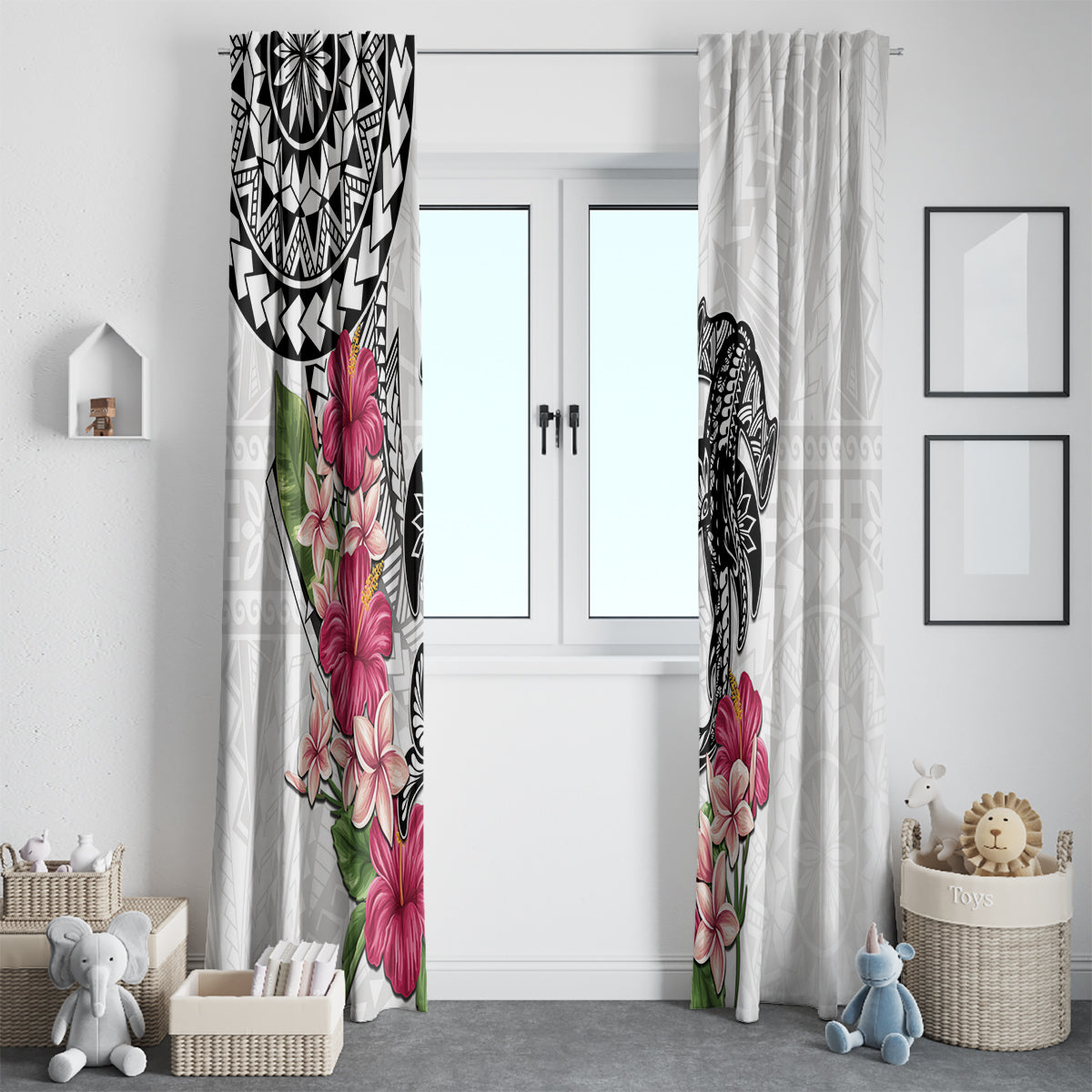 White Polynesian Hammerhead Shark Tribal Pattern Window Curtain LT05 - Polynesian Pride