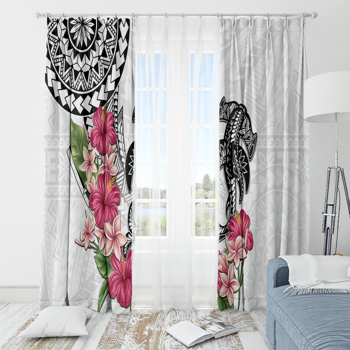 White Polynesian Hammerhead Shark Tribal Pattern Window Curtain LT05 - Polynesian Pride