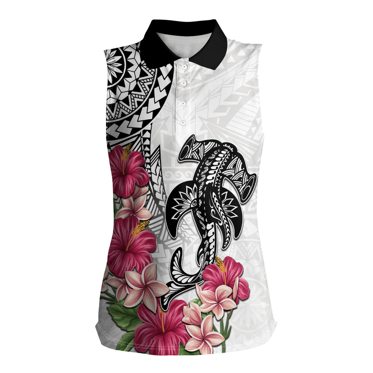 White Polynesian Hammerhead Shark Tribal Pattern Women Sleeveless Polo Shirt