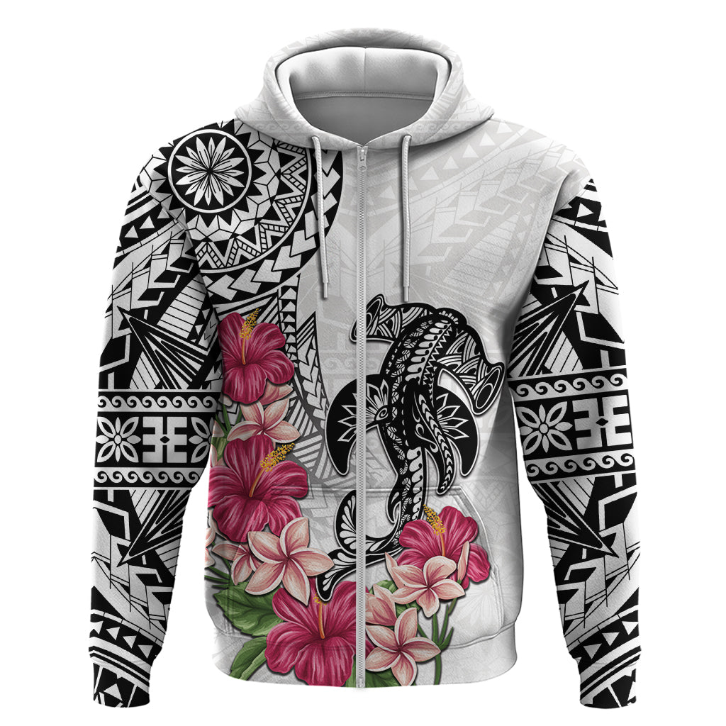 White Polynesian Hammerhead Shark Tribal Pattern Zip Hoodie