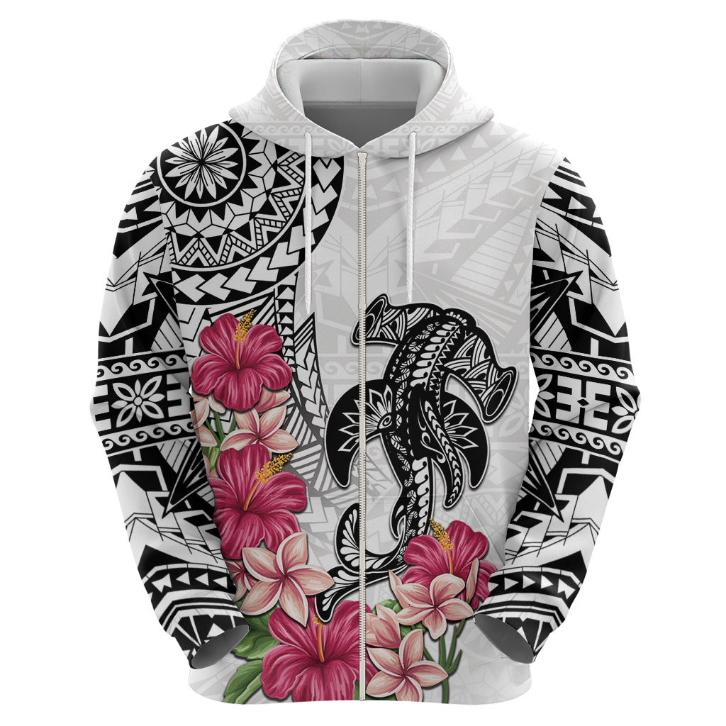 White Polynesian Hammerhead Shark Tribal Pattern Zip Hoodie