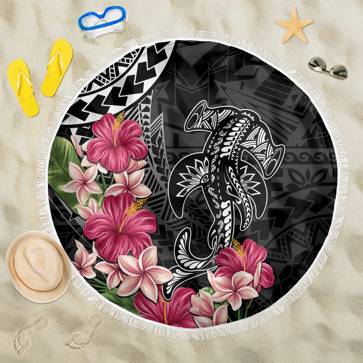 Black Polynesian Hammerhead Shark Tribal Pattern Beach Blanket LT05 One Size 150cm Black - Polynesian Pride