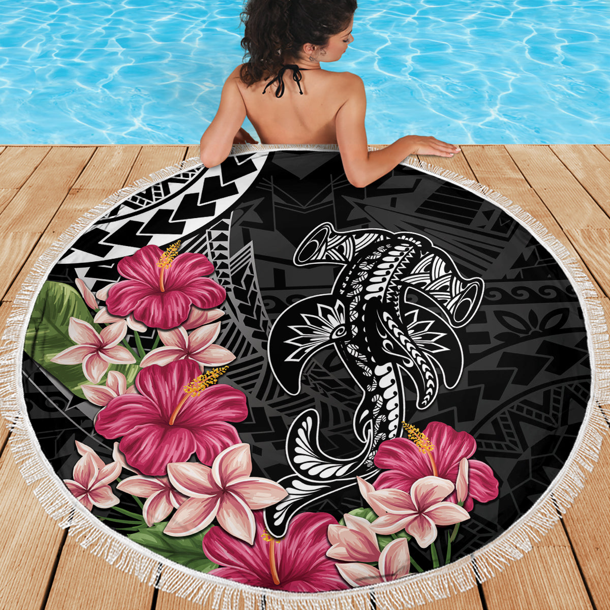 Black Polynesian Hammerhead Shark Tribal Pattern Beach Blanket LT05 - Polynesian Pride