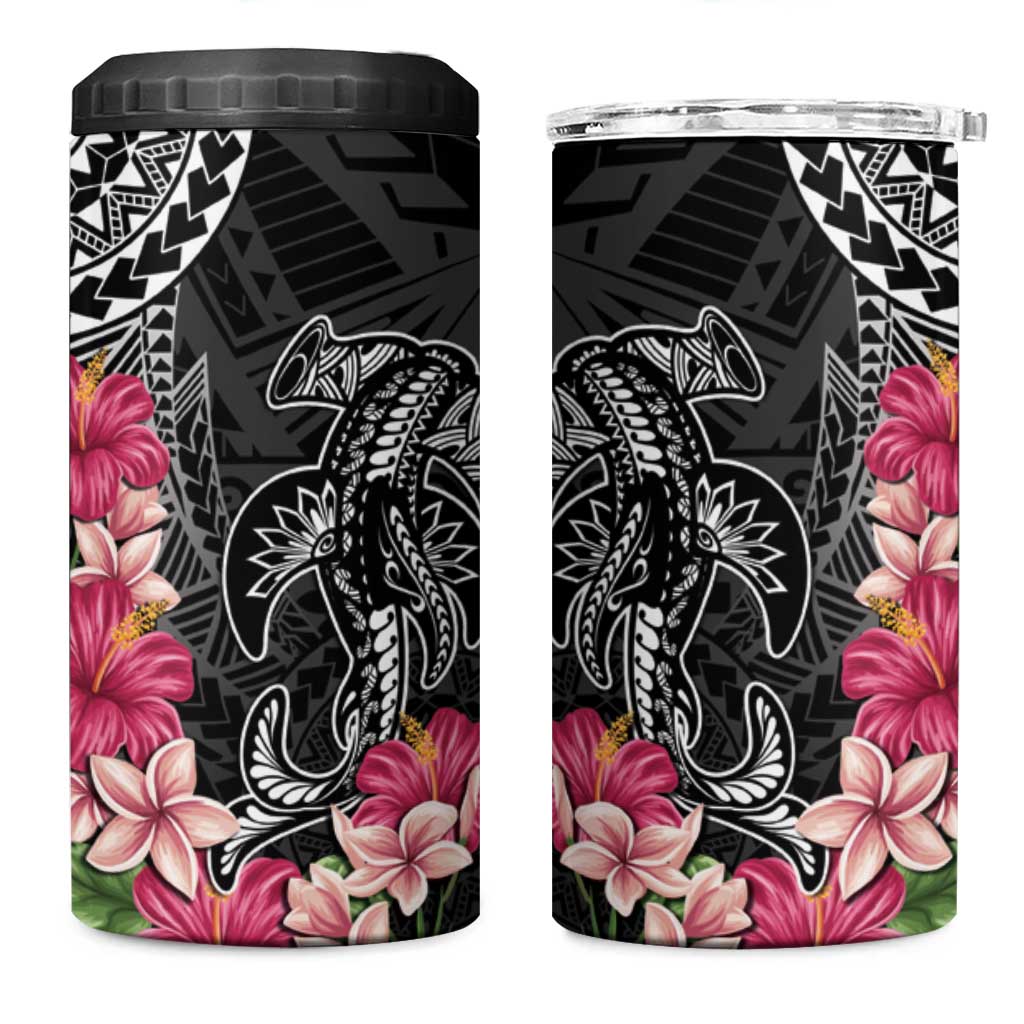 Black Polynesian Hammerhead Shark Tribal Pattern 4 in 1 Can Cooler Tumbler