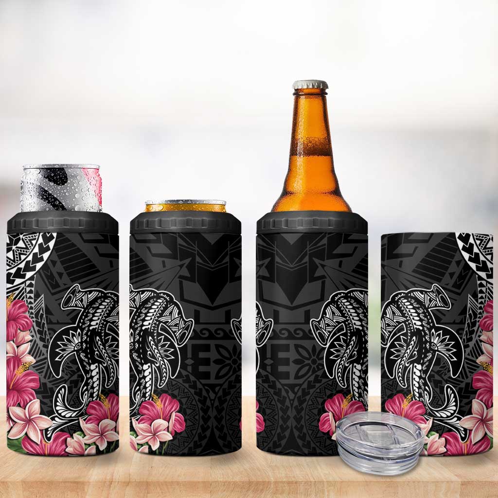 Black Polynesian Hammerhead Shark Tribal Pattern 4 in 1 Can Cooler Tumbler