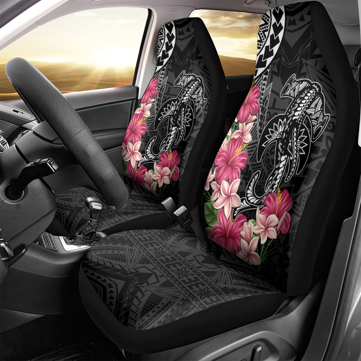 Black Polynesian Hammerhead Shark Tribal Pattern Car Seat Cover
