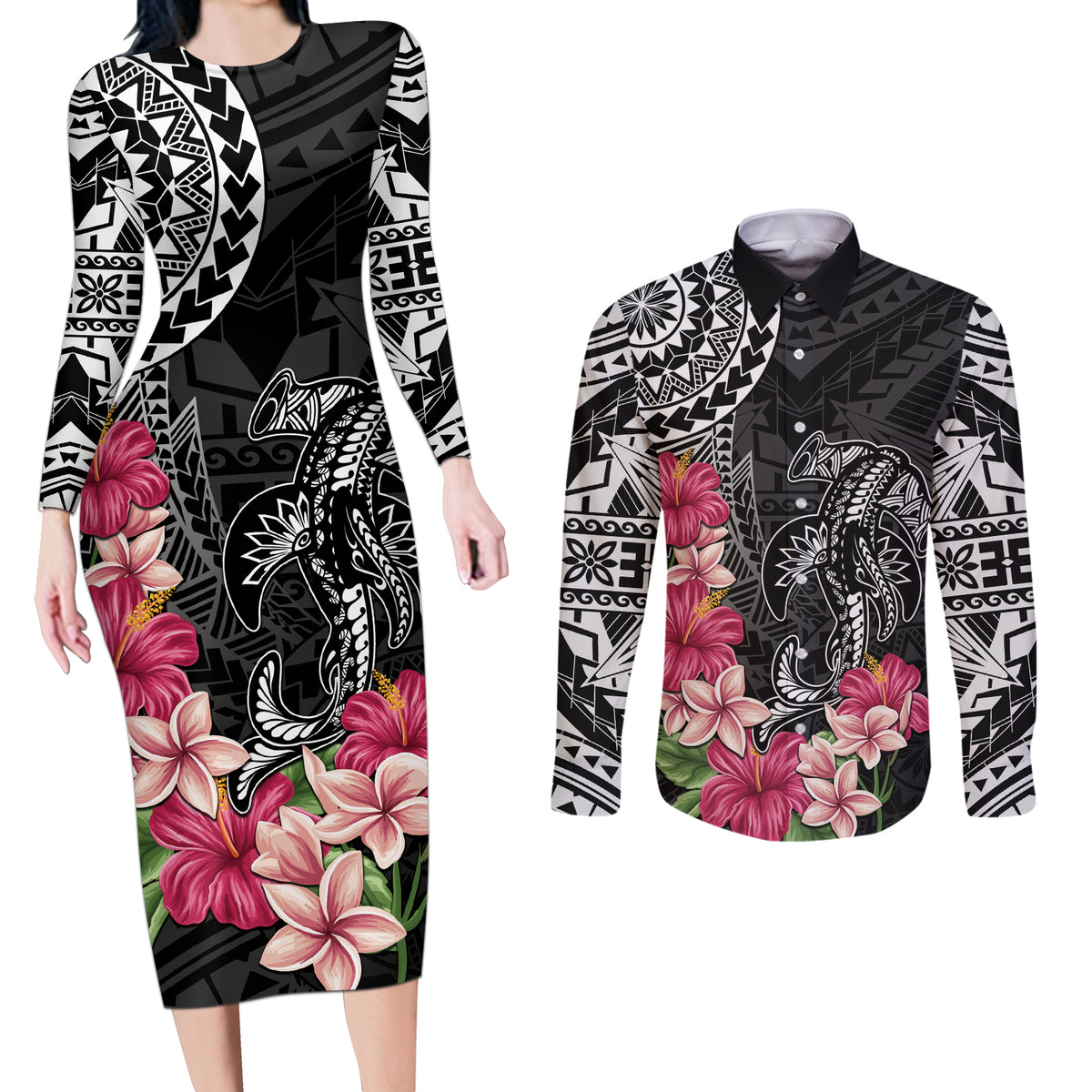 Black Polynesian Hammerhead Shark Tribal Pattern Couples Matching Long Sleeve Bodycon Dress and Long Sleeve Button Shirt LT05 Black - Polynesian Pride