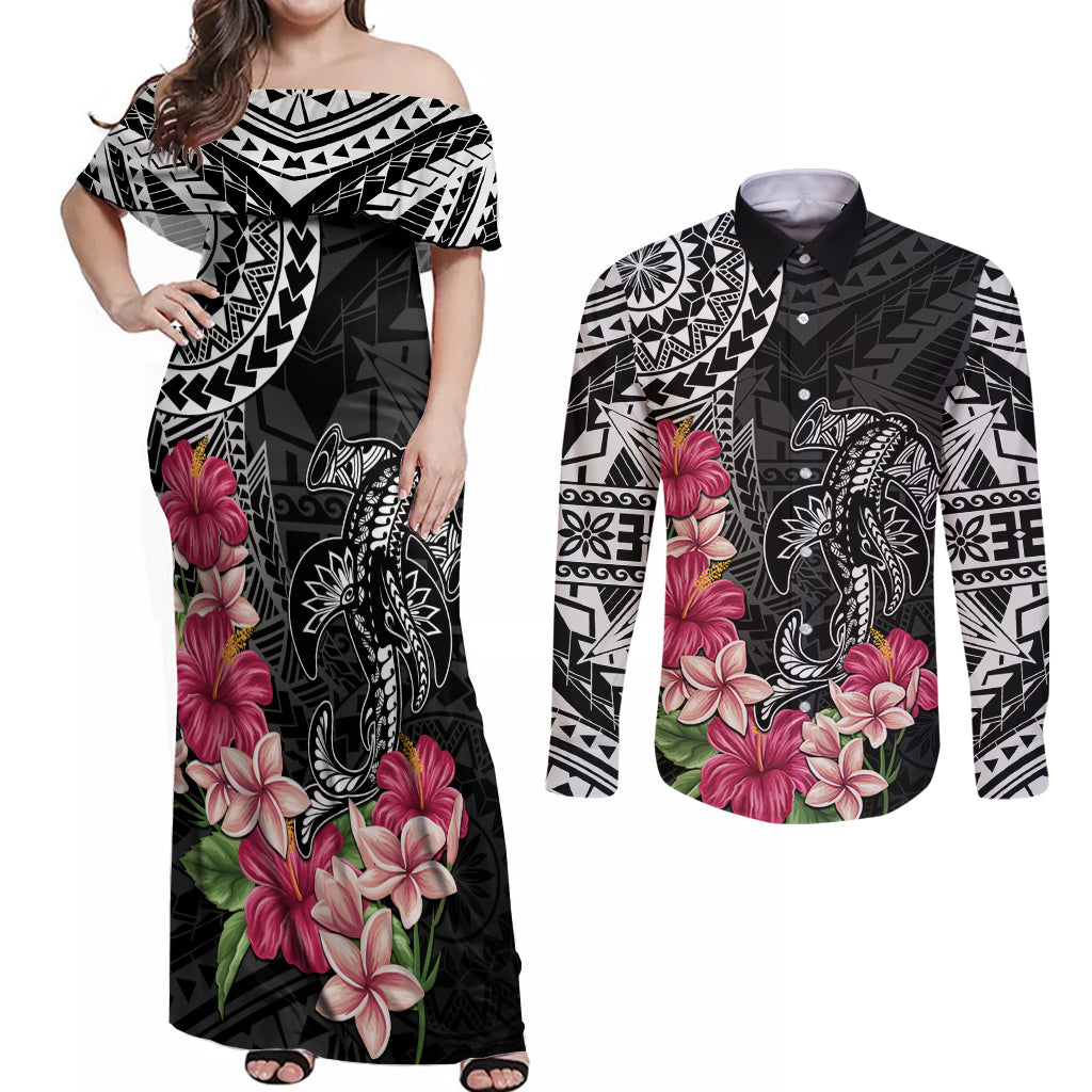 Black Polynesian Hammerhead Shark Tribal Pattern Couples Matching Off Shoulder Maxi Dress and Long Sleeve Button Shirt LT05 Black - Polynesian Pride