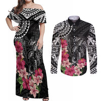 Black Polynesian Hammerhead Shark Tribal Pattern Couples Matching Off Shoulder Maxi Dress and Long Sleeve Button Shirt LT05 Black - Polynesian Pride