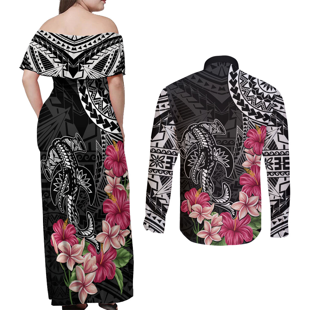 Black Polynesian Hammerhead Shark Tribal Pattern Couples Matching Off Shoulder Maxi Dress and Long Sleeve Button Shirt LT05 - Polynesian Pride