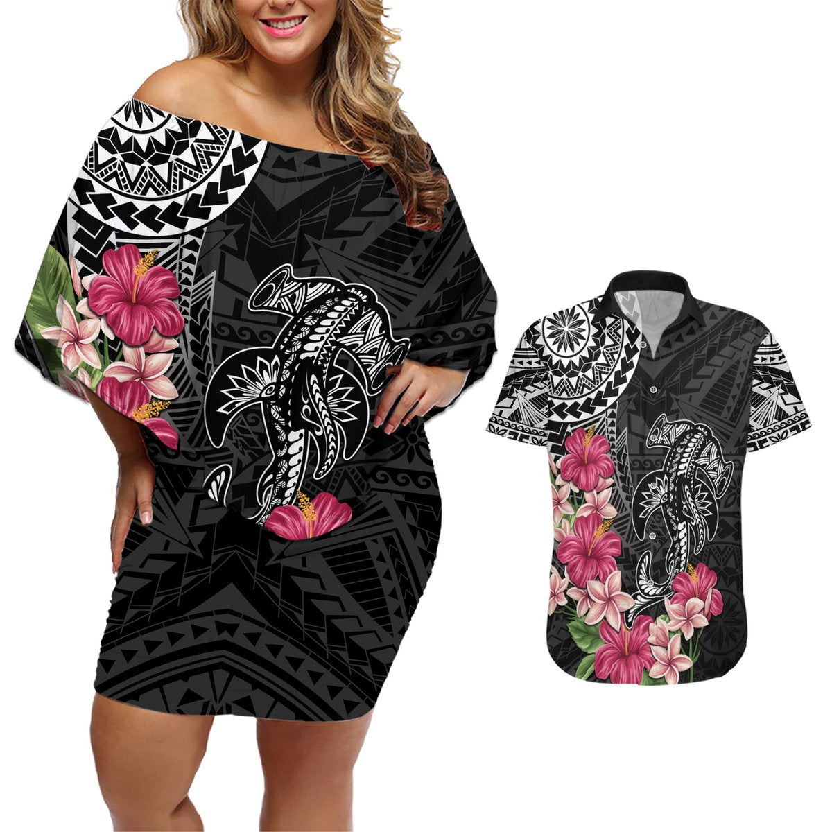 Black Polynesian Hammerhead Shark Tribal Pattern Couples Matching Off Shoulder Short Dress and Hawaiian Shirt LT05 Black - Polynesian Pride