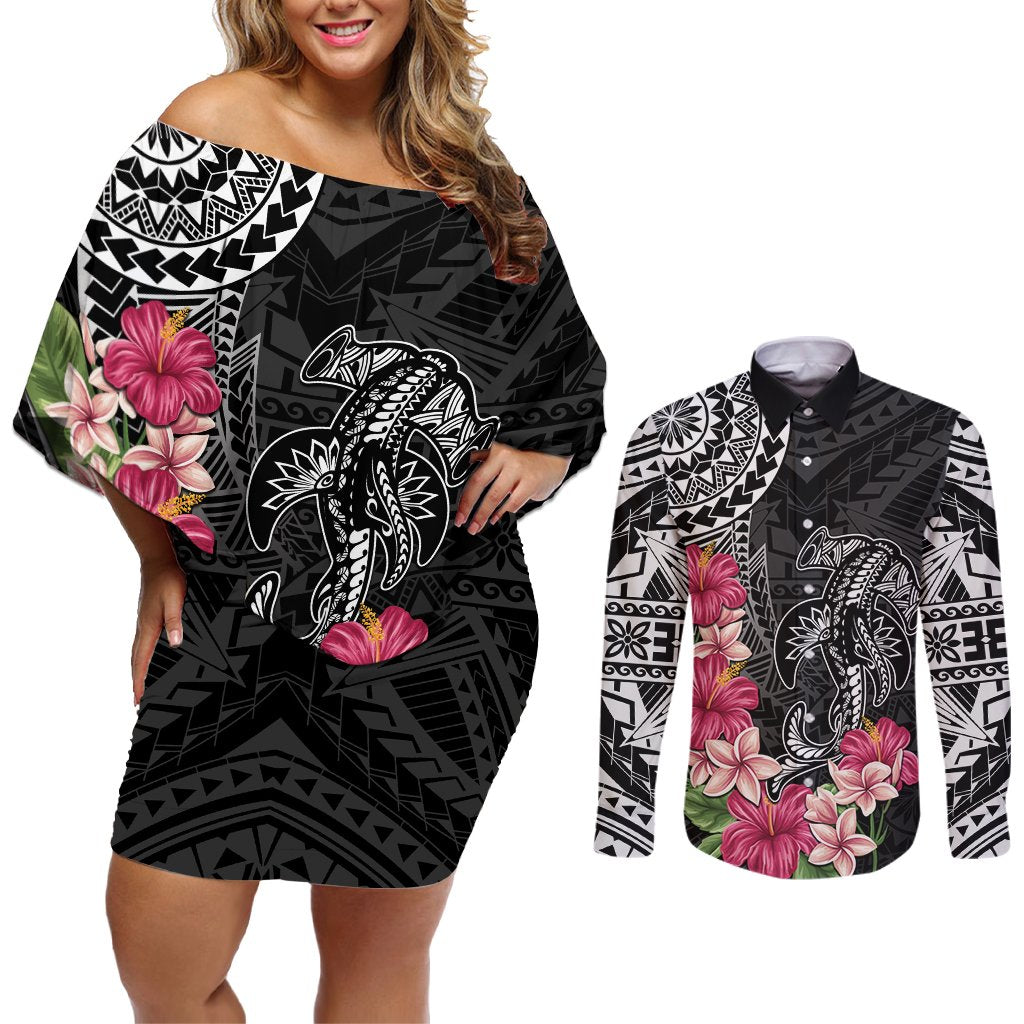 Black Polynesian Hammerhead Shark Tribal Pattern Couples Matching Off Shoulder Short Dress and Long Sleeve Button Shirt LT05 Black - Polynesian Pride