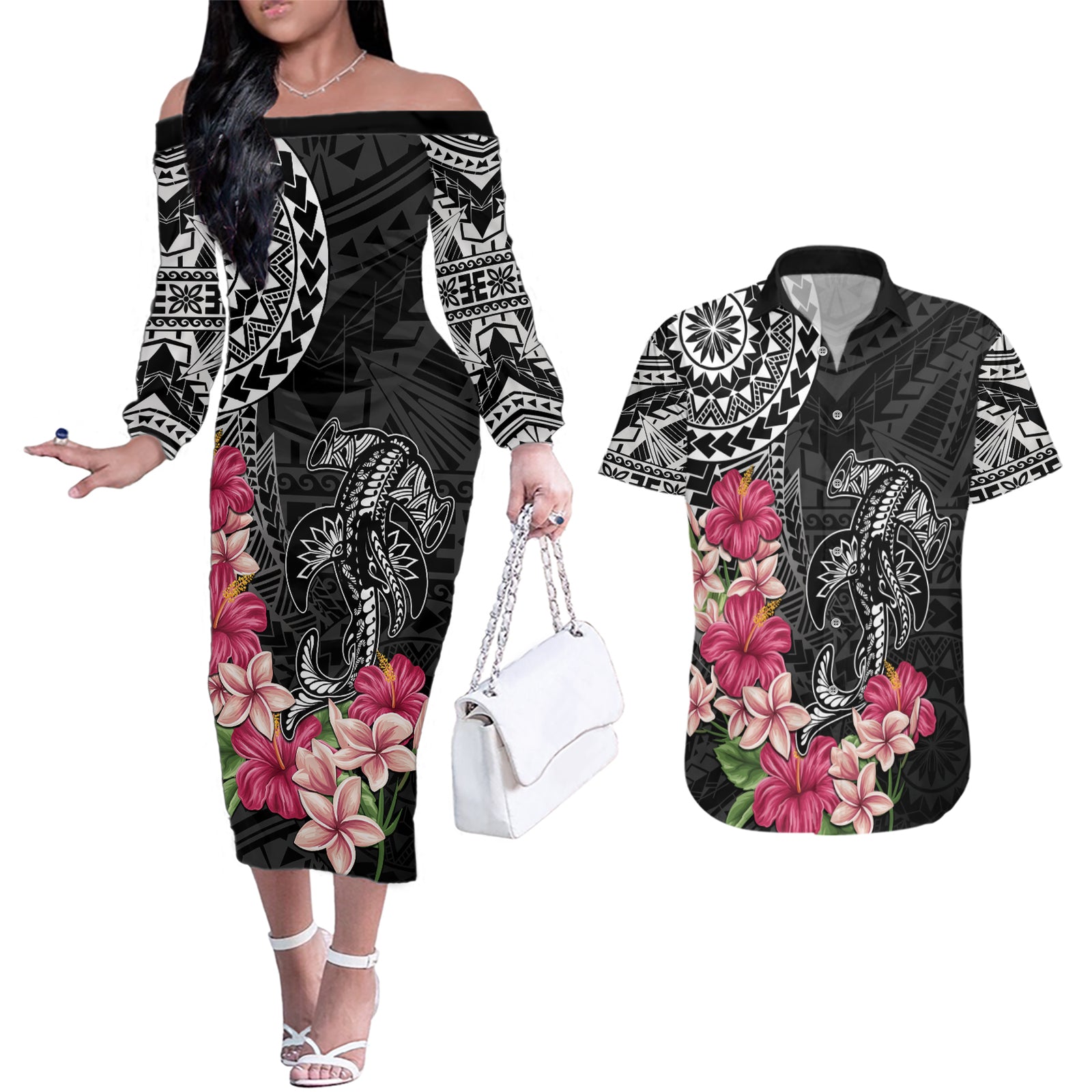 Black Polynesian Hammerhead Shark Tribal Pattern Couples Matching Off The Shoulder Long Sleeve Dress and Hawaiian Shirt LT05 Black - Polynesian Pride