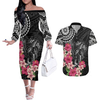 Black Polynesian Hammerhead Shark Tribal Pattern Couples Matching Off The Shoulder Long Sleeve Dress and Hawaiian Shirt LT05 Black - Polynesian Pride