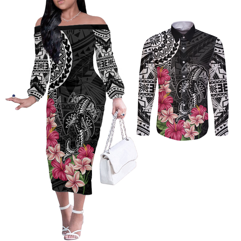 Black Polynesian Hammerhead Shark Tribal Pattern Couples Matching Off The Shoulder Long Sleeve Dress and Long Sleeve Button Shirt LT05 Black - Polynesian Pride