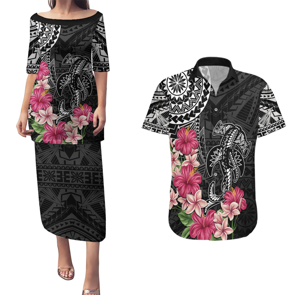 Black Polynesian Hammerhead Shark Tribal Pattern Couples Matching Puletasi and Hawaiian Shirt LT05 Black - Polynesian Pride