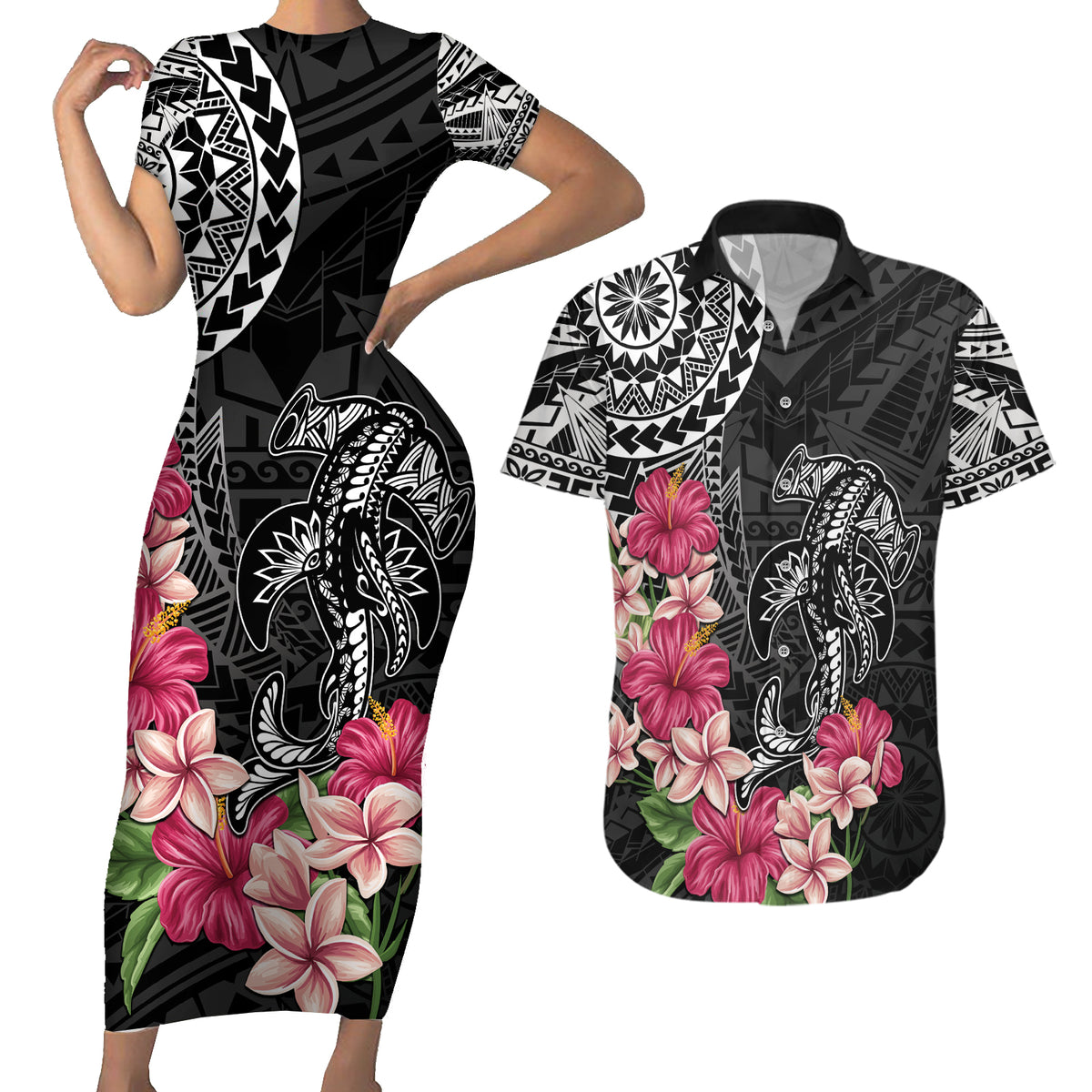 Black Polynesian Hammerhead Shark Tribal Pattern Couples Matching Short Sleeve Bodycon Dress and Hawaiian Shirt LT05 Black - Polynesian Pride