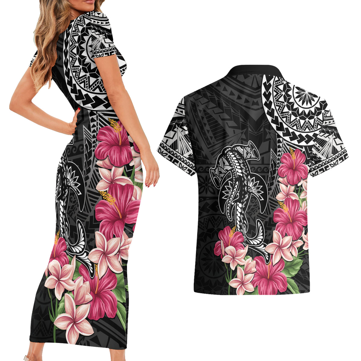 Black Polynesian Hammerhead Shark Tribal Pattern Couples Matching Short Sleeve Bodycon Dress and Hawaiian Shirt LT05 - Polynesian Pride