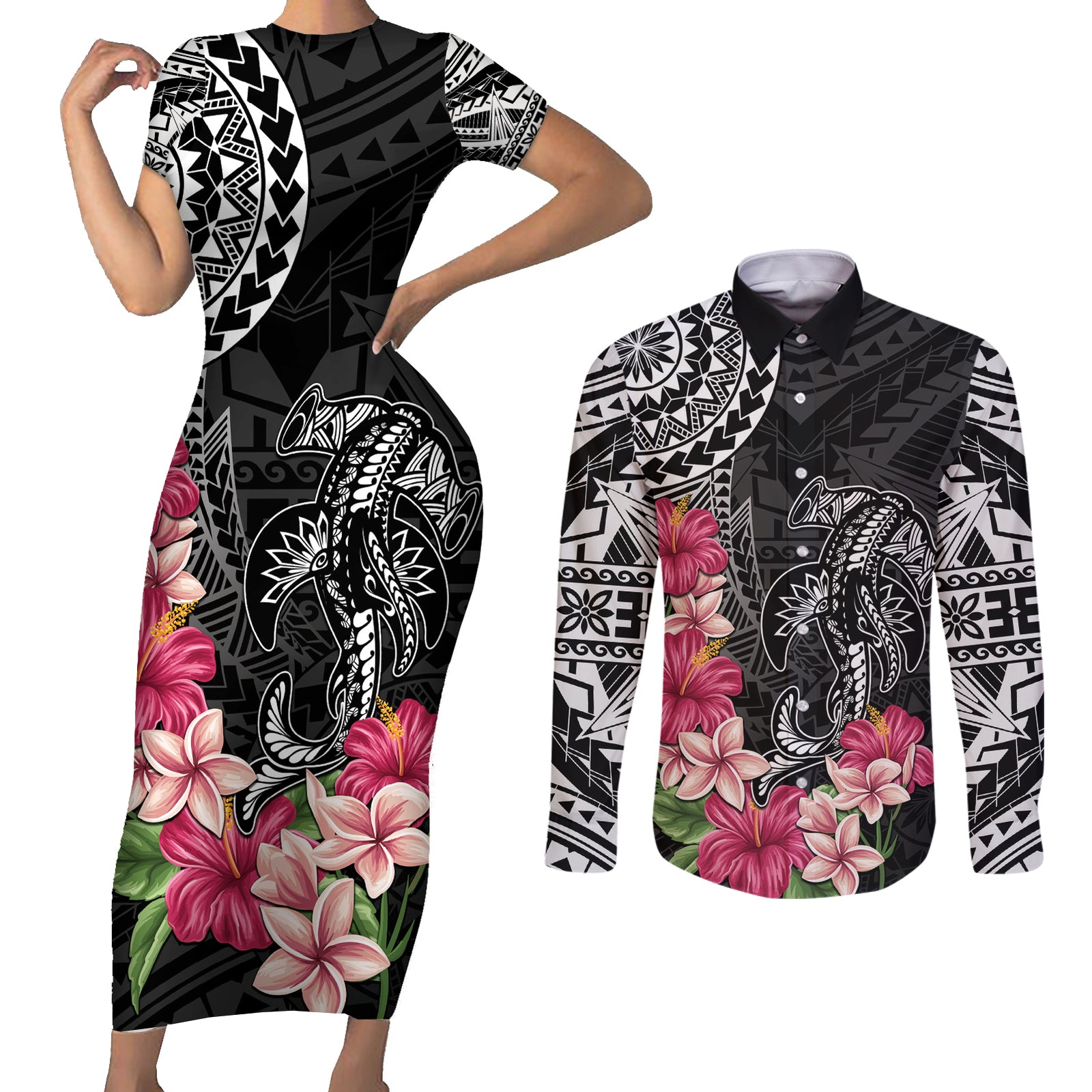 Black Polynesian Hammerhead Shark Tribal Pattern Couples Matching Short Sleeve Bodycon Dress and Long Sleeve Button Shirt LT05 Black - Polynesian Pride