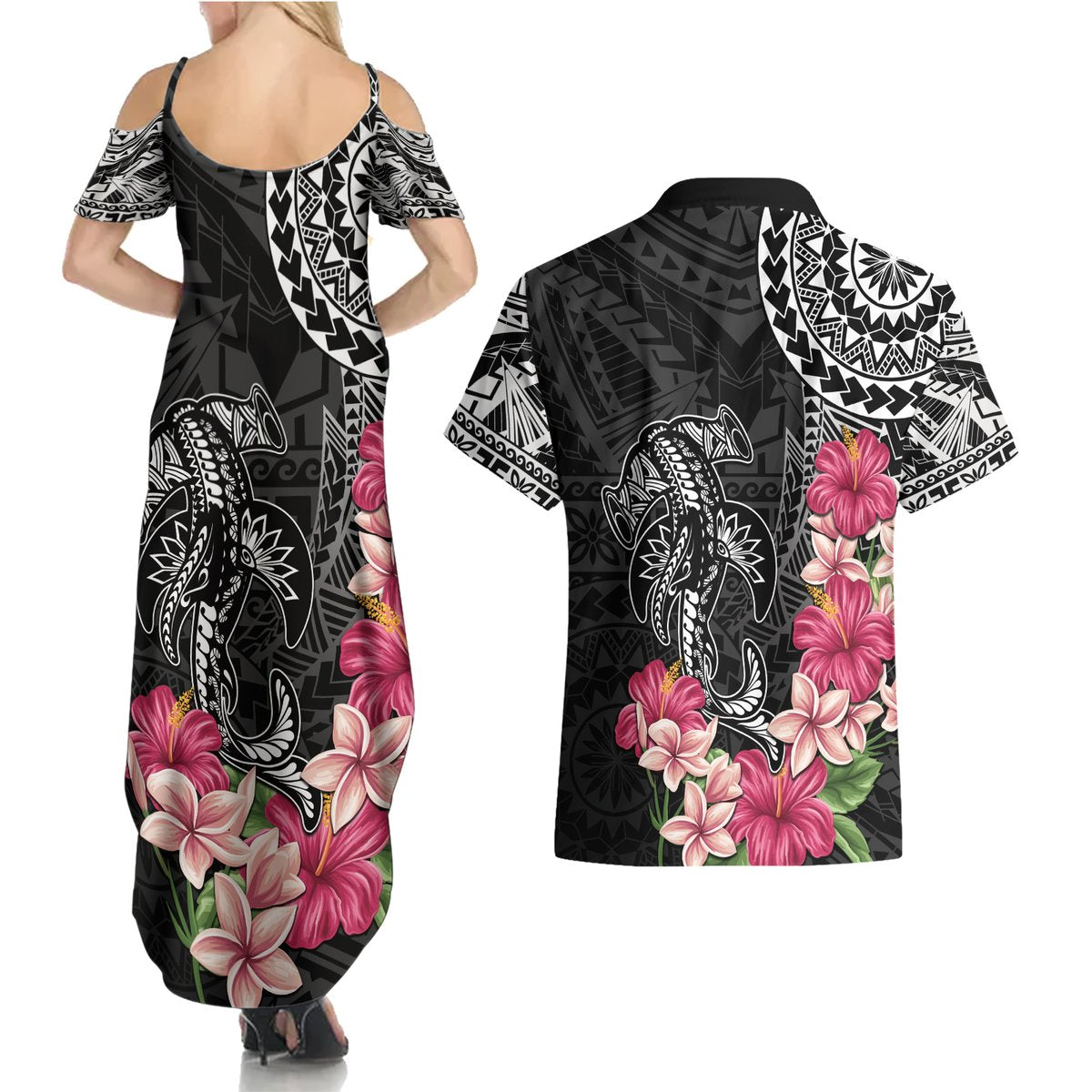 Black Polynesian Hammerhead Shark Tribal Pattern Couples Matching Summer Maxi Dress and Hawaiian Shirt LT05 - Polynesian Pride