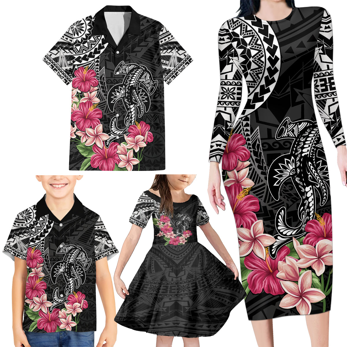 Black Polynesian Hammerhead Shark Tribal Pattern Family Matching Long Sleeve Bodycon Dress and Hawaiian Shirt LT05 - Polynesian Pride